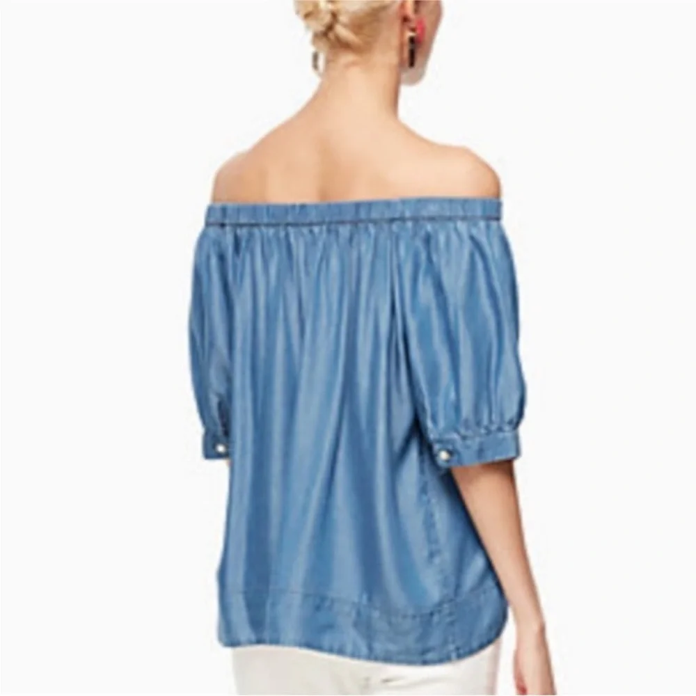 KATE SPADE BLUE CHAMBRAY OFF THE SHOULDER TOP M